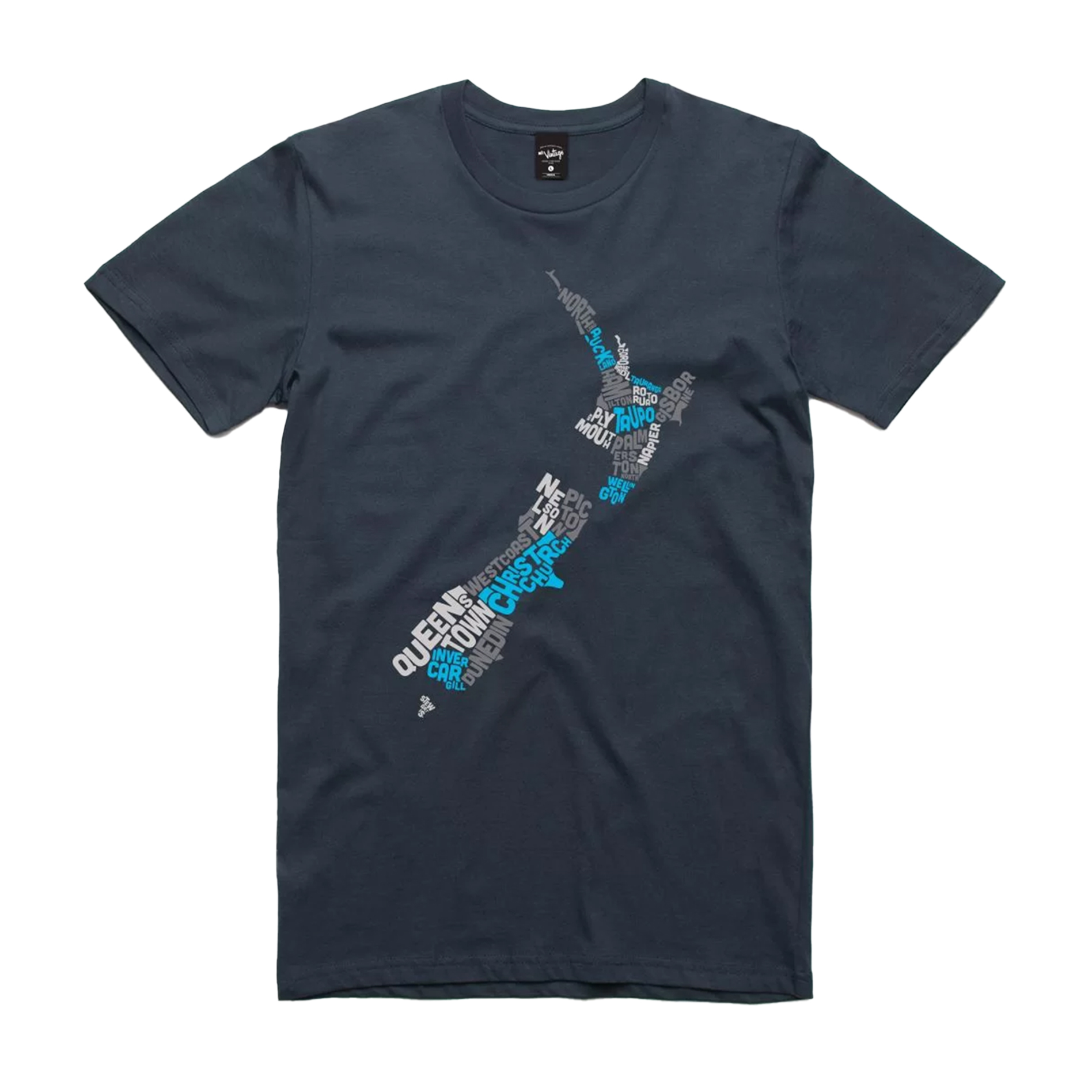 Kiwi Text Map Mens T-Shirt - Navy